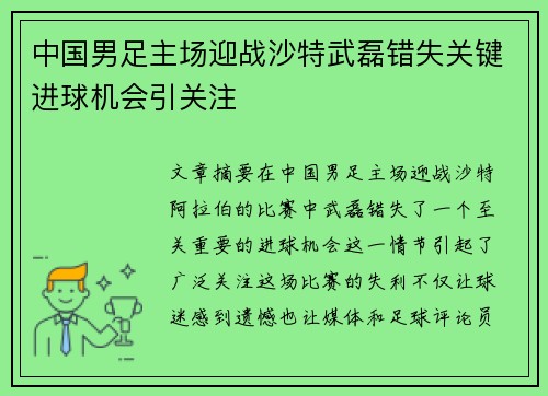 中国男足主场迎战沙特武磊错失关键进球机会引关注 中国男足主场迎战沙特武磊错失关键进球机会引关注