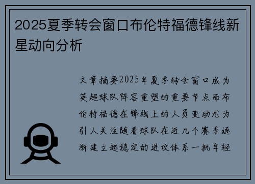2025夏季转会窗口布伦特福德锋线新星动向分析 2025夏季转会窗口布伦特福德锋线新星动向分析