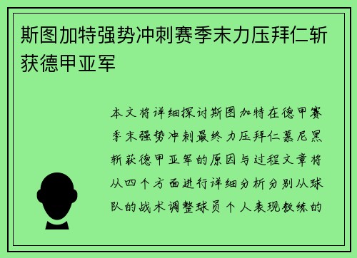斯图加特强势冲刺赛季末力压拜仁斩获德甲亚军